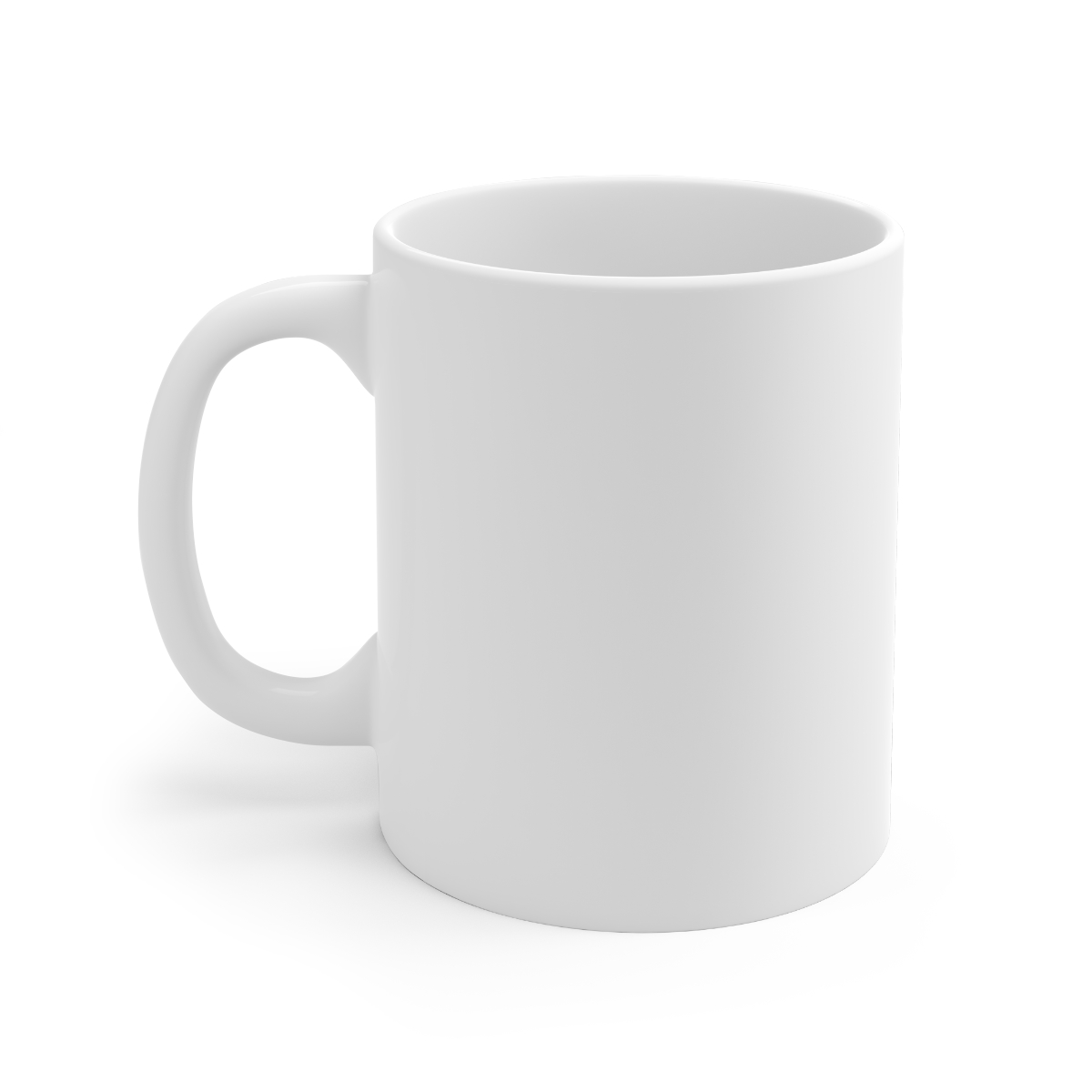 White ceramic mug with a black interior and handle. The mug displays a dynamic illustration of a bald superhero in a yellow suit throwing a punch. The background shows a cityscape and a silhouetted... - alternate angle 2, merchandise