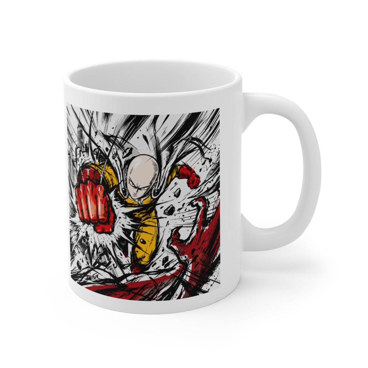 White ceramic mug with a black interior and handle. The mug displays a dynamic illustration of a bald superhero in a yellow suit throwing a punch. The background shows a cityscape and a silhouetted...