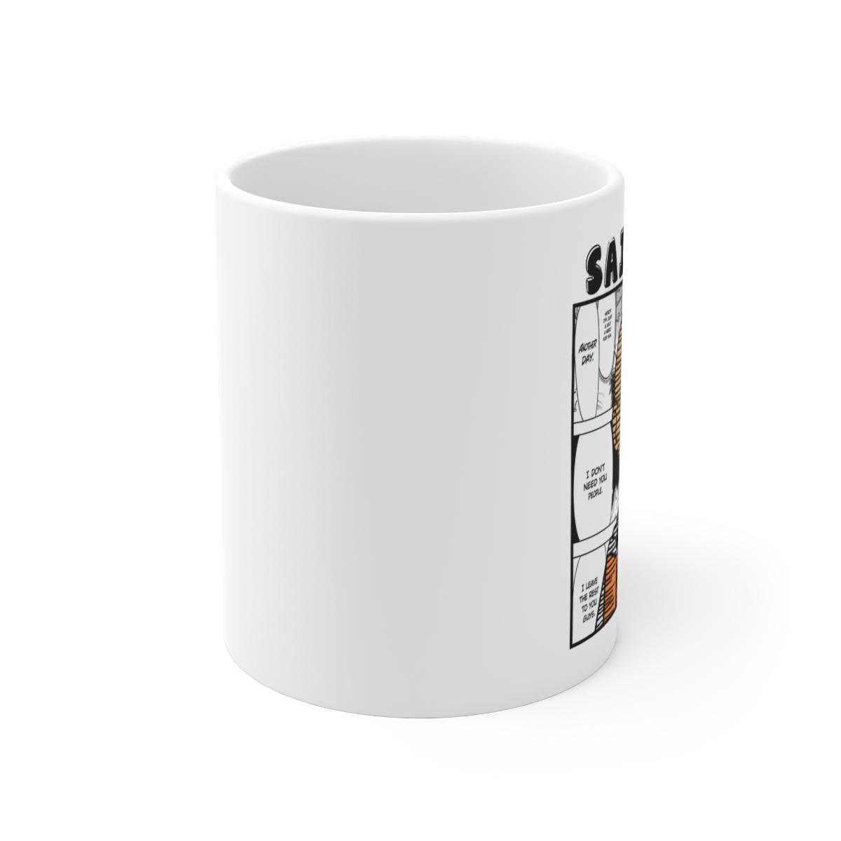 White ceramic mug featuring a comic book panel with the character Saitama from One-Punch Man. The mug has a handle and displays Saitama's image and speech bubbles with text - alternate angle 1, merchandise