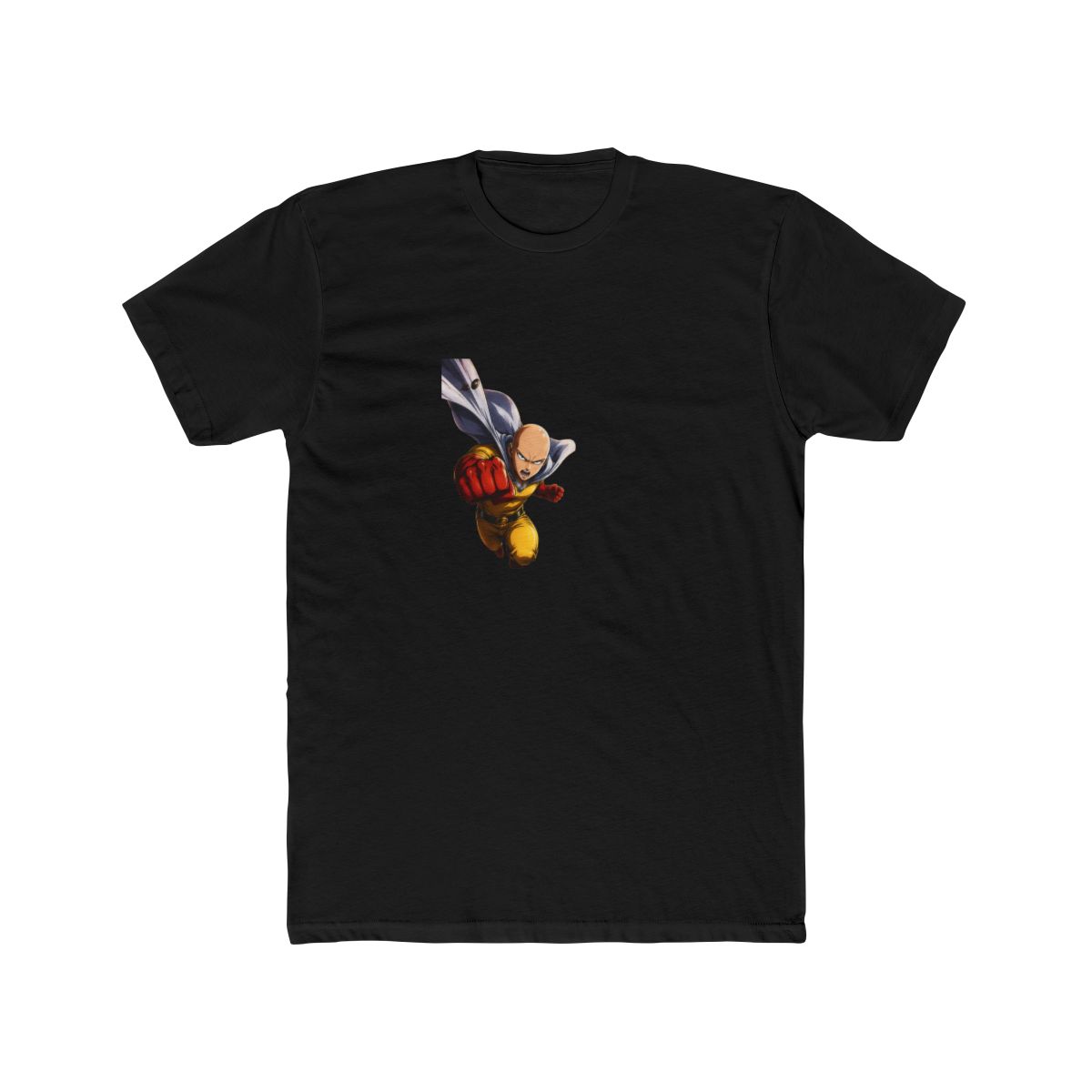 White T Shirt with a vibrant graphic of a bald superhero in a yellow suit and red gloves, mid-punch. The background shows an explosion and a dark silhouette. The superhero is wearing a white cape - alternate angle 5, merchandise