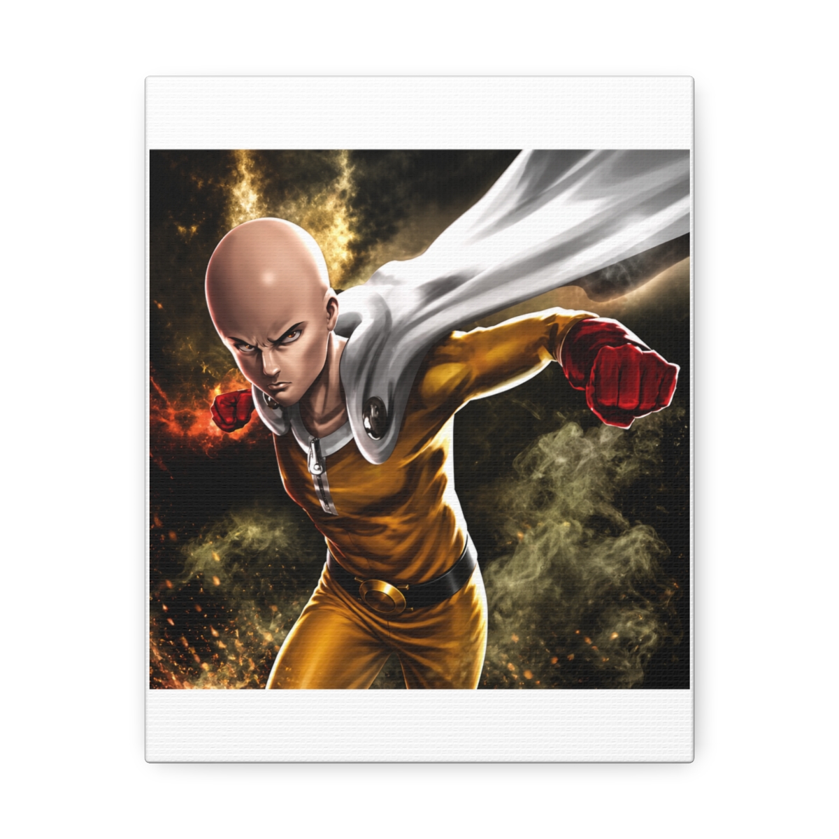Posters art print of a bald character in a yellow jumpsuit, white cape, and red gloves, mid-punch. The artwork has a dynamic pose with a determined expression, set against a smoky, dark background....