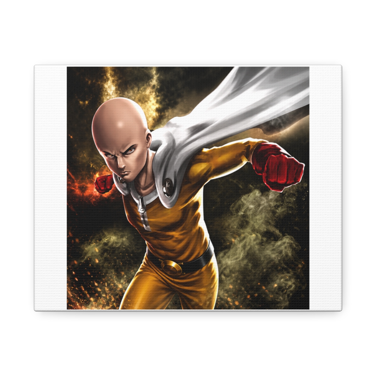 Posters art print of a bald character in a yellow jumpsuit, white cape, and red gloves, mid-punch. The artwork has a dynamic pose with a determined expression, set against a smoky, dark background.... - Official Hats & Caps merchandise