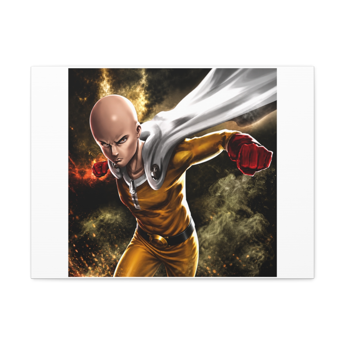 Posters art print of a bald character in a yellow jumpsuit, white cape, and red gloves, mid-punch. The artwork has a dynamic pose with a determined expression, set against a smoky, dark background.... - alternate angle 4, merchandise